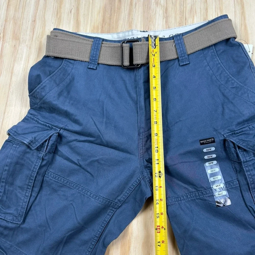 Nautica NEW Navy Blue 100% Cotton Baggy Cargo Twill‎ Shorts with Gray Belt 32